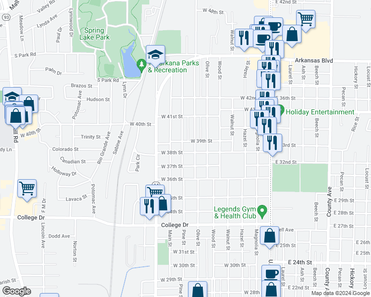 map of restaurants, bars, coffee shops, grocery stores, and more near 3901 Elizabeth Street in Texarkana