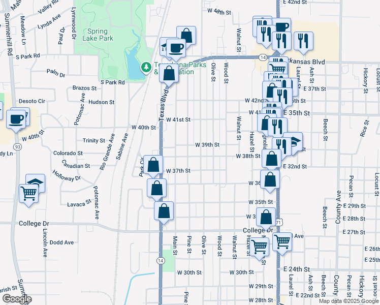 map of restaurants, bars, coffee shops, grocery stores, and more near 3901 Elizabeth Street in Texarkana