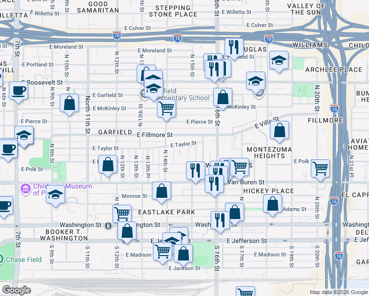 map of restaurants, bars, coffee shops, grocery stores, and more near 1449 East Fillmore Street in Phoenix