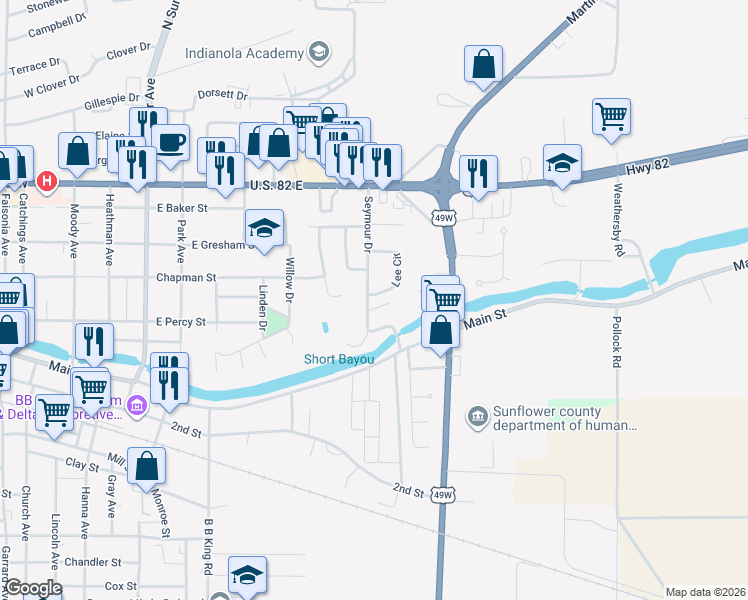 map of restaurants, bars, coffee shops, grocery stores, and more near 305 Seymour Drive in Indianola