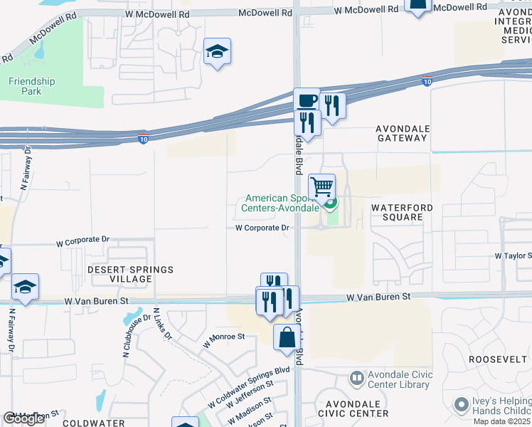 map of restaurants, bars, coffee shops, grocery stores, and more near 11580 West Corporate Drive in Avondale
