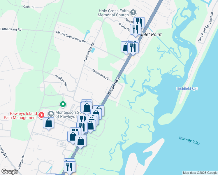 map of restaurants, bars, coffee shops, grocery stores, and more near 100 Page Lane in Pawleys Island