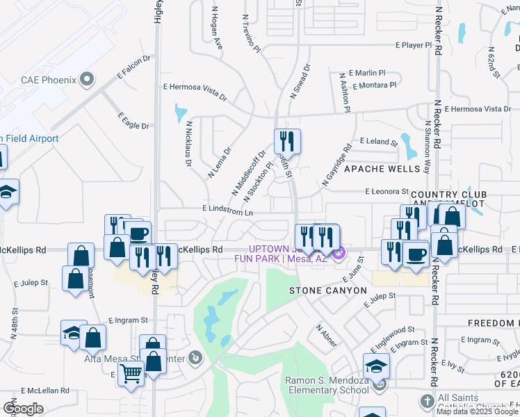 map of restaurants, bars, coffee shops, grocery stores, and more near 46 East Lindstrom Lane in Mesa