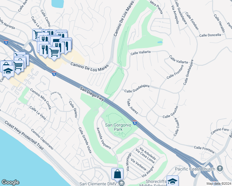 map of restaurants, bars, coffee shops, grocery stores, and more near 607 Avenida Vaquero in San Clemente