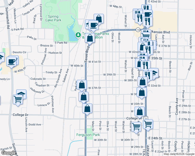 map of restaurants, bars, coffee shops, grocery stores, and more near 3902 Main Street in Texarkana