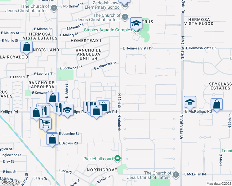 map of restaurants, bars, coffee shops, grocery stores, and more near 3134 East McKellips Road in Mesa