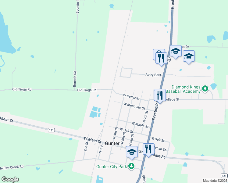 map of restaurants, bars, coffee shops, grocery stores, and more near 512 West Cedar Street in Gunter