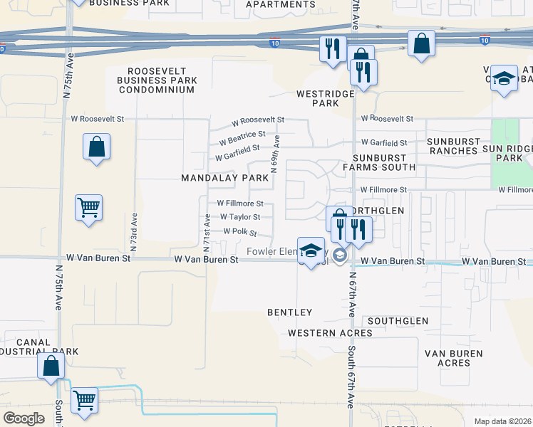 map of restaurants, bars, coffee shops, grocery stores, and more near 6915 West Fillmore Street in Phoenix