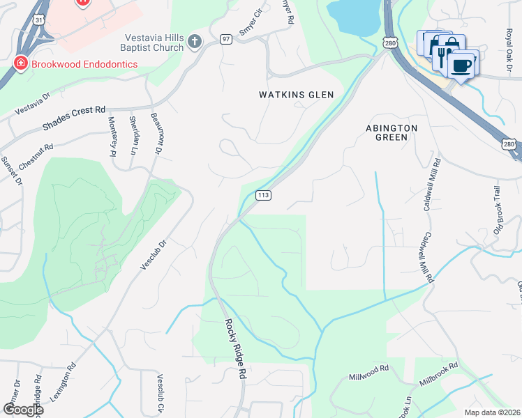 map of restaurants, bars, coffee shops, grocery stores, and more near 2600 Abingdon Road in Birmingham
