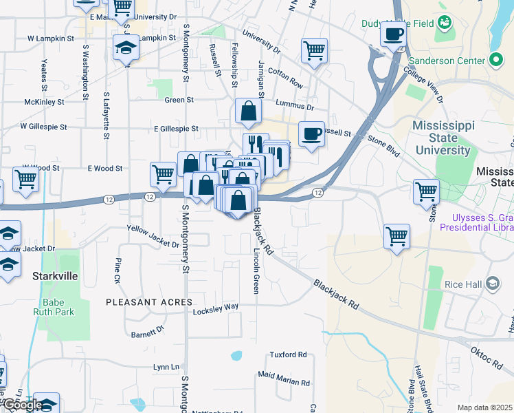map of restaurants, bars, coffee shops, grocery stores, and more near 309 Blackjack Road in Starkville