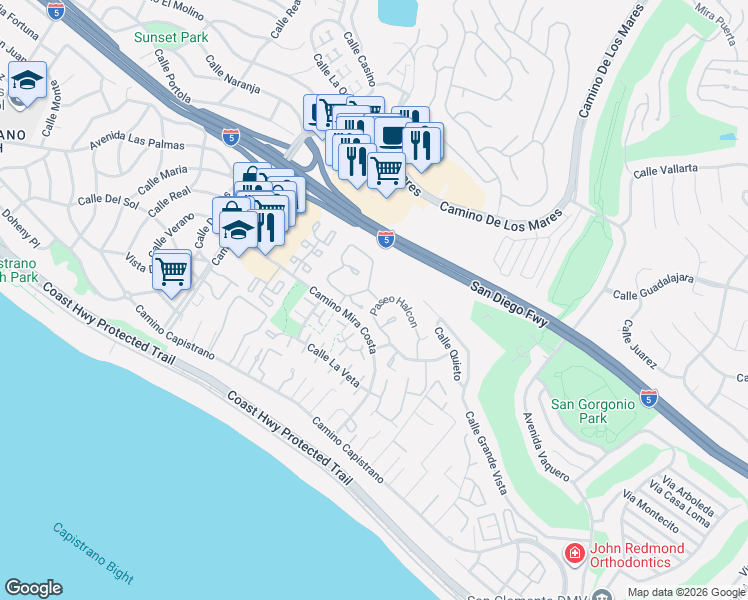map of restaurants, bars, coffee shops, grocery stores, and more near 3522 Paseo Flamenco in San Clemente