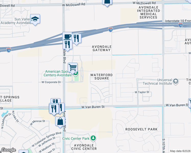 map of restaurants, bars, coffee shops, grocery stores, and more near 11242 West Baden Street in Avondale