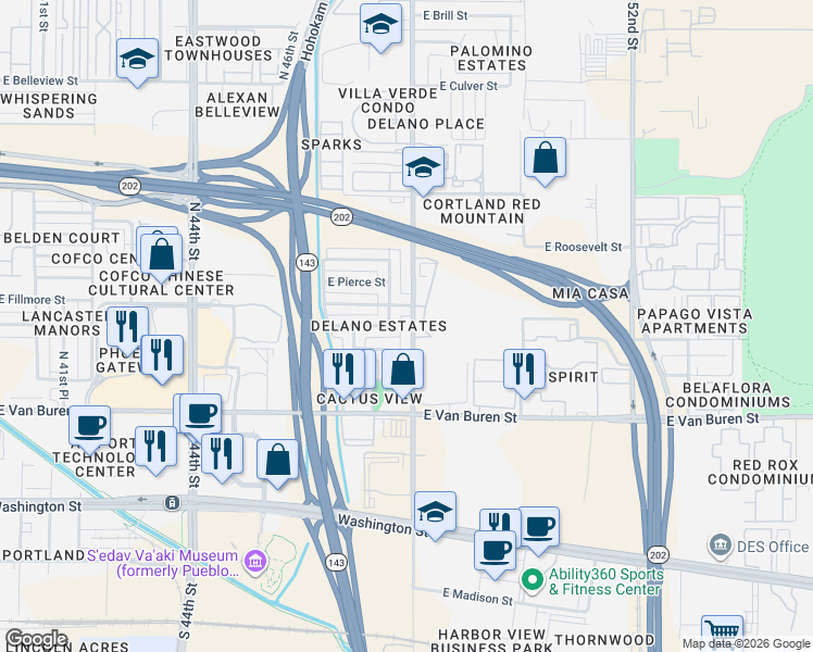 map of restaurants, bars, coffee shops, grocery stores, and more near 675 North 48th Street in Phoenix