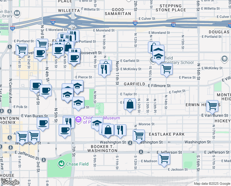 map of restaurants, bars, coffee shops, grocery stores, and more near 516 North 11th Street in Phoenix