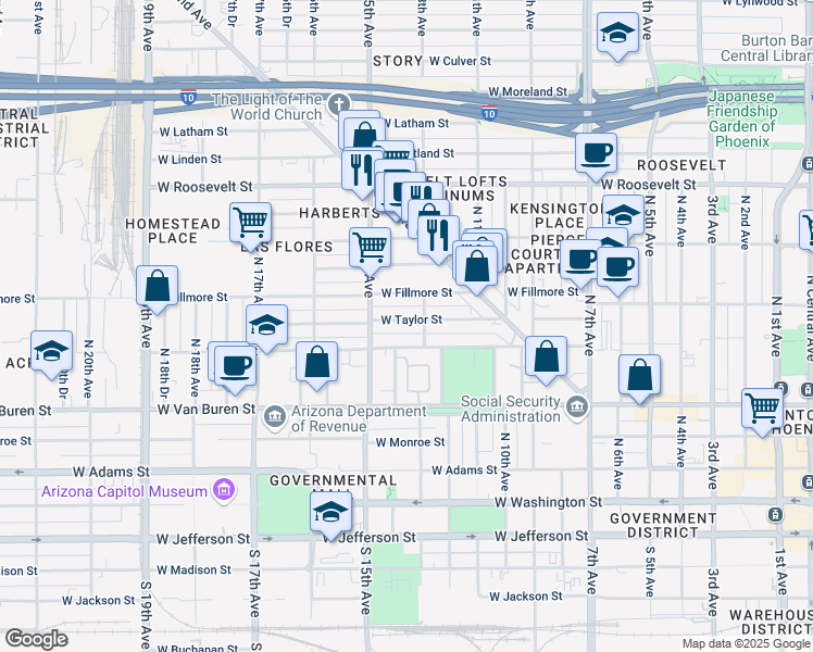 map of restaurants, bars, coffee shops, grocery stores, and more near 1336 West Taylor Street in Phoenix