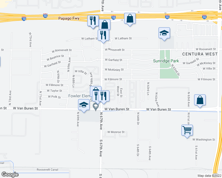 map of restaurants, bars, coffee shops, grocery stores, and more near 6607 West Hayes Street in Phoenix