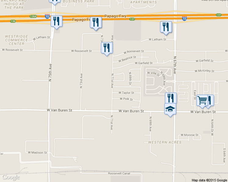 map of restaurants, bars, coffee shops, grocery stores, and more near 7056 West Fillmore Street in Phoenix