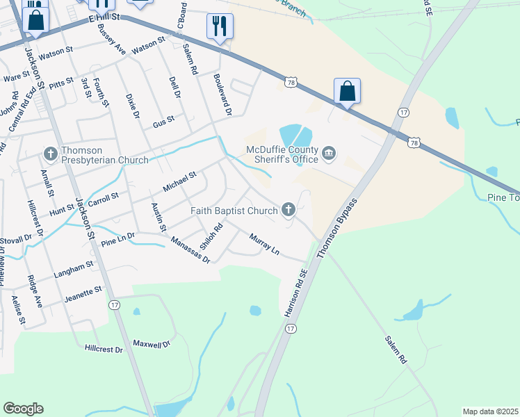 map of restaurants, bars, coffee shops, grocery stores, and more near 90 Shiloh Road in Thomson