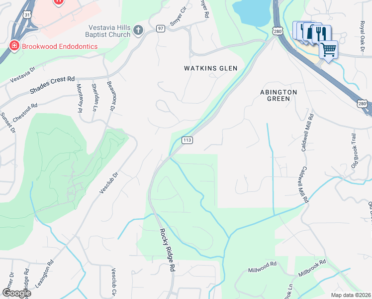 map of restaurants, bars, coffee shops, grocery stores, and more near 2600 Abingdon Road in Birmingham