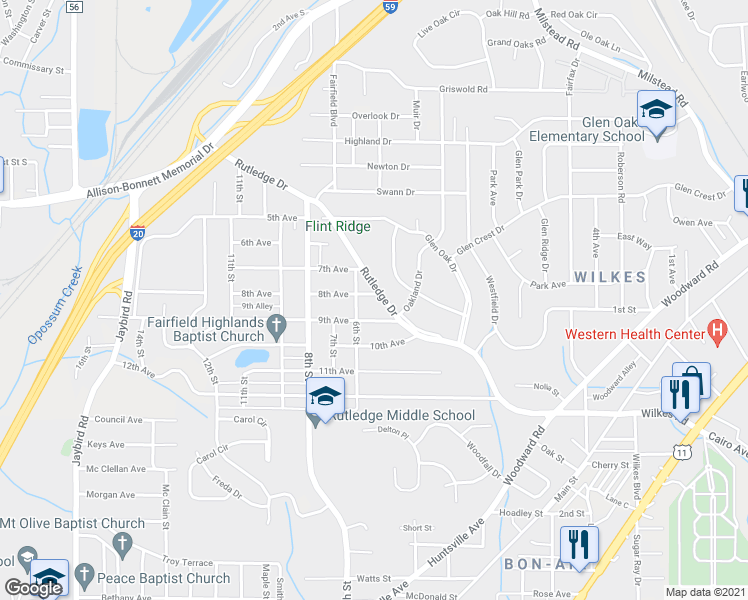 map of restaurants, bars, coffee shops, grocery stores, and more near 503 8th Avenue in Midfield
