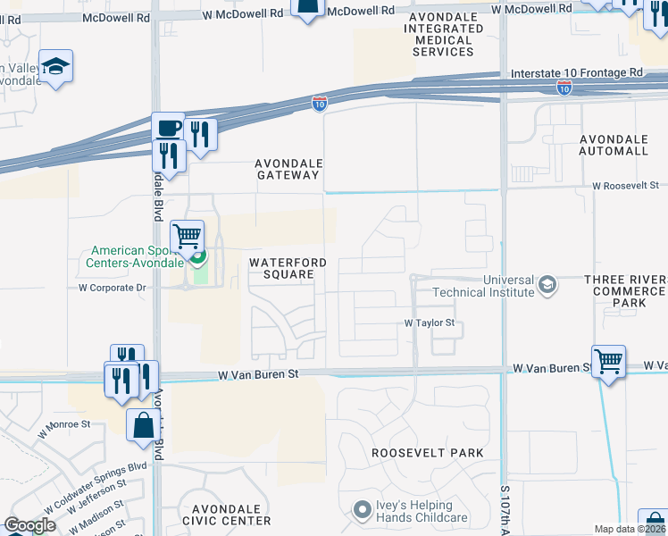 map of restaurants, bars, coffee shops, grocery stores, and more near 111th Avenue in Avondale
