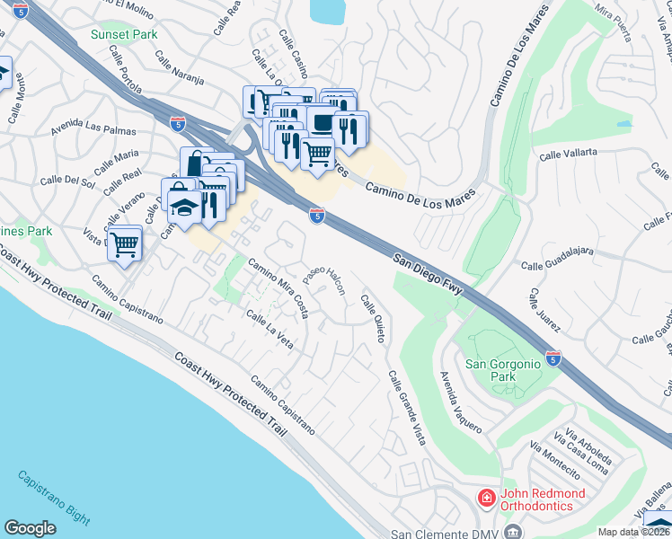 map of restaurants, bars, coffee shops, grocery stores, and more near 3355 Paseo Halcon in San Clemente