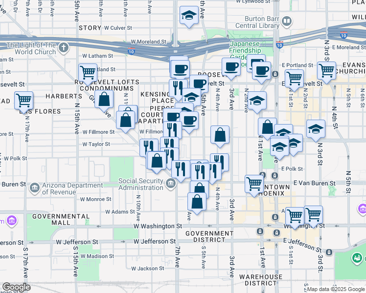 map of restaurants, bars, coffee shops, grocery stores, and more near 601 West Fillmore Street in Phoenix