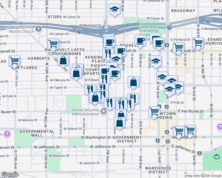 map of restaurants, bars, coffee shops, grocery stores, and more near 601 West Fillmore Street in Phoenix
