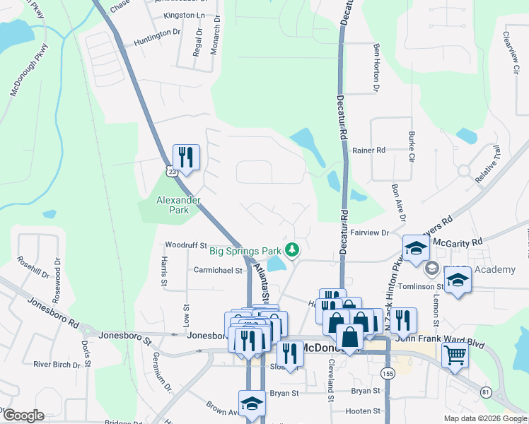 map of restaurants, bars, coffee shops, grocery stores, and more near 365 Oakpark Terrace in McDonough