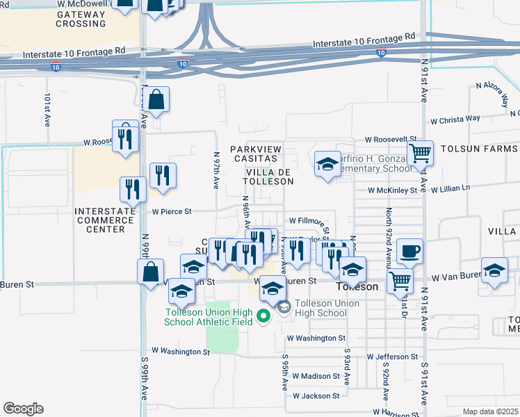 map of restaurants, bars, coffee shops, grocery stores, and more near 9518 West Pierce Street in Tolleson