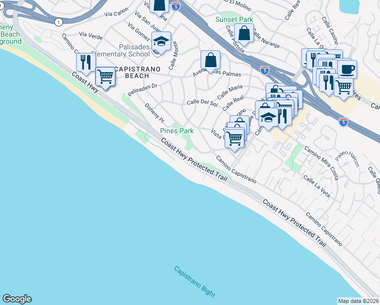 map of restaurants, bars, coffee shops, grocery stores, and more near 35009 Camino Capistrano in Dana Point