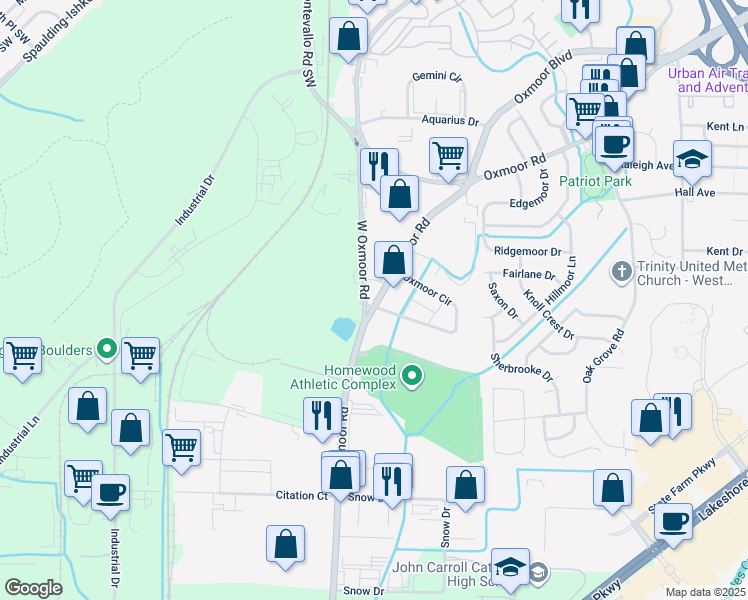 map of restaurants, bars, coffee shops, grocery stores, and more near 47 W Oxmoor Rd in Birmingham