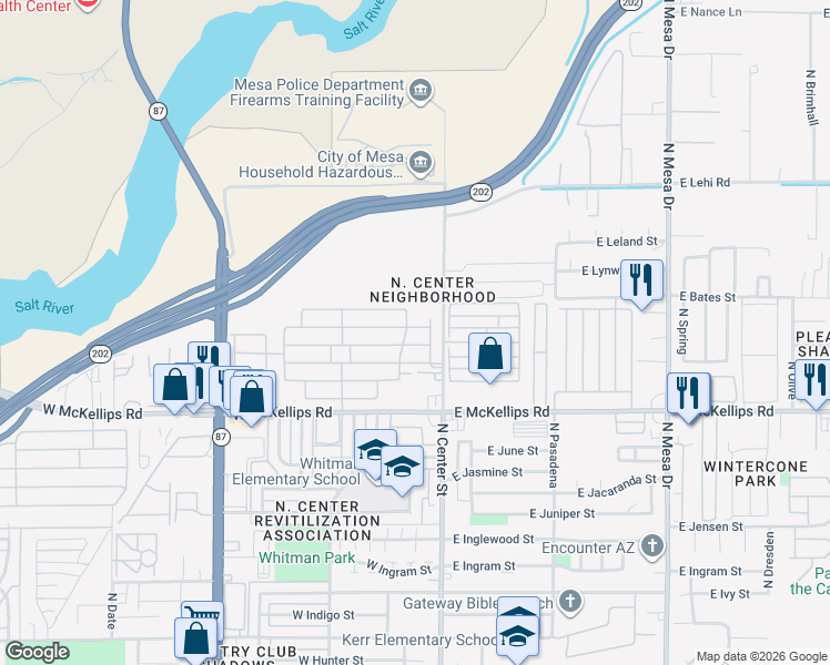 map of restaurants, bars, coffee shops, grocery stores, and more near 2060 North Center Street in Mesa