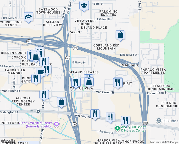 map of restaurants, bars, coffee shops, grocery stores, and more near 675 North 48th Street in Phoenix