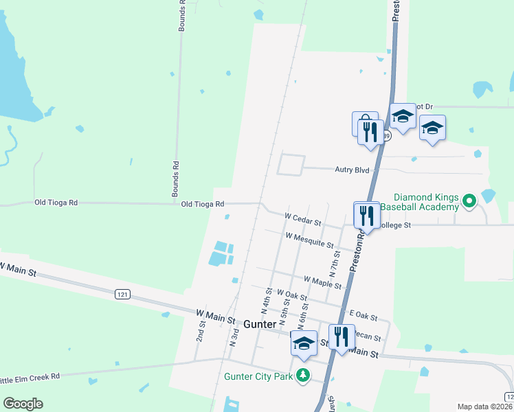 map of restaurants, bars, coffee shops, grocery stores, and more near 512 West Cedar Street in Gunter