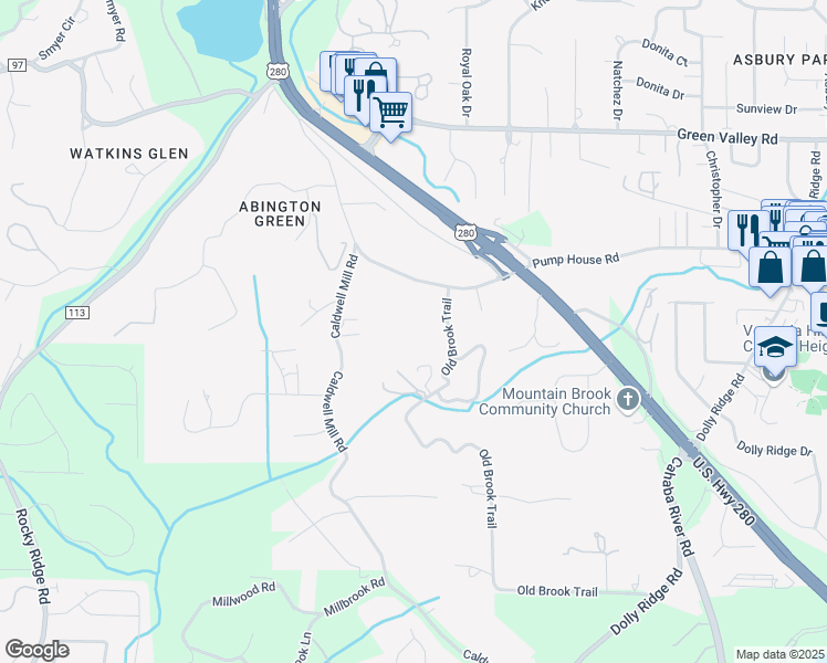 map of restaurants, bars, coffee shops, grocery stores, and more near 4212 Old Brook Trail in Birmingham