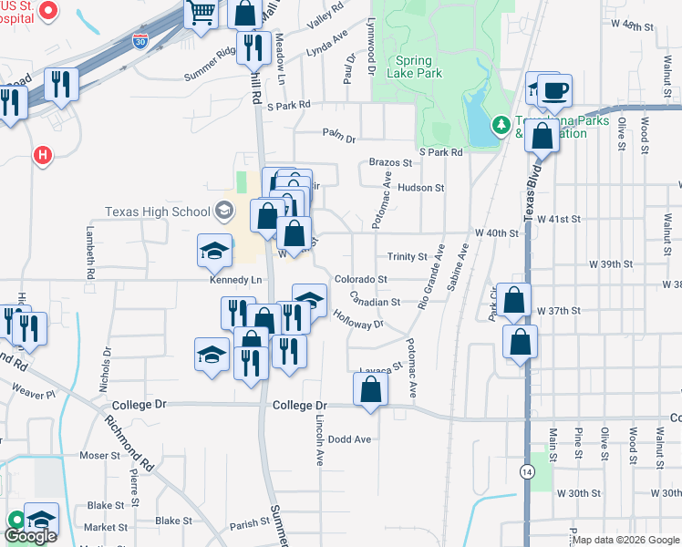 map of restaurants, bars, coffee shops, grocery stores, and more near 7 Canadian Place in Texarkana