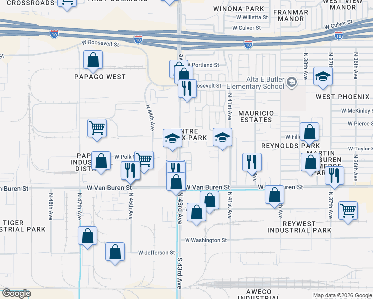 map of restaurants, bars, coffee shops, grocery stores, and more near 4202 West Van Buren Street in Phoenix