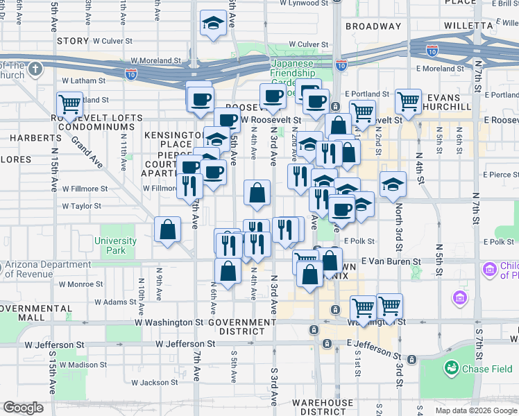 map of restaurants, bars, coffee shops, grocery stores, and more near 315 West Fillmore Street in Phoenix