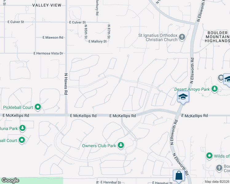 map of restaurants, bars, coffee shops, grocery stores, and more near 2160 North Steele Circle in Mesa