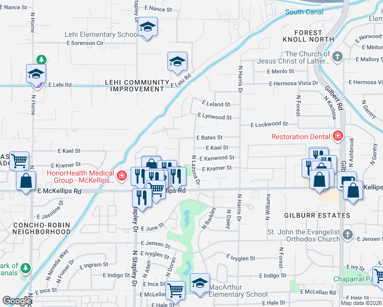 map of restaurants, bars, coffee shops, grocery stores, and more near 2145 North Doran in Mesa