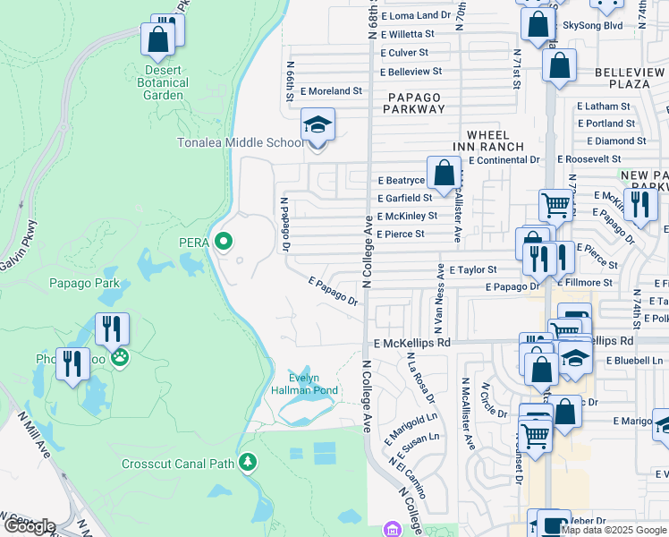 map of restaurants, bars, coffee shops, grocery stores, and more near 209 East Fillmore Street in Tempe