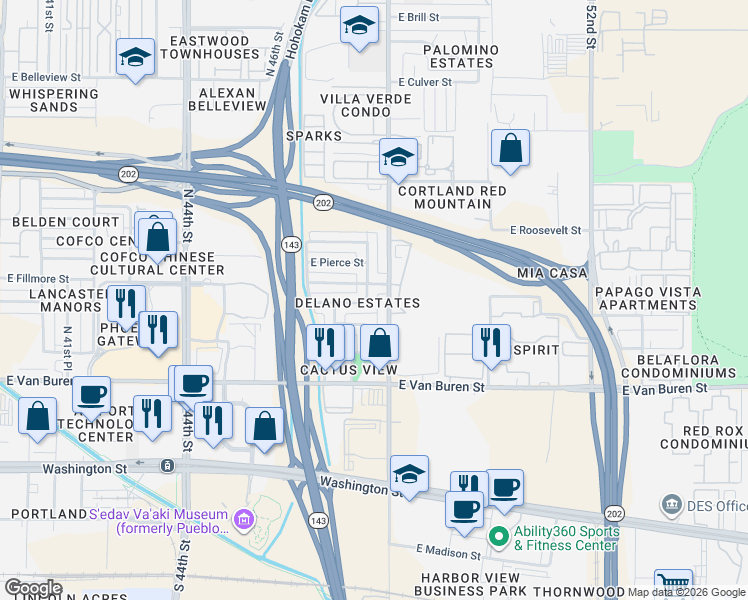 map of restaurants, bars, coffee shops, grocery stores, and more near 518 North 47th Place in Phoenix