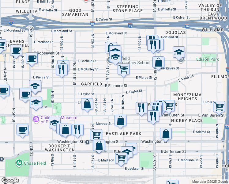 map of restaurants, bars, coffee shops, grocery stores, and more near 1331 East Fillmore Street in Phoenix