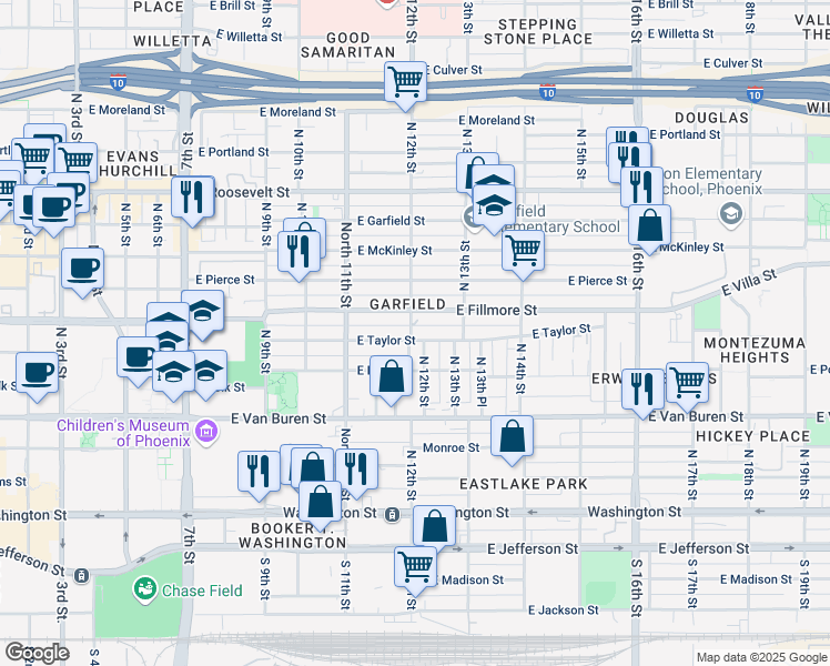 map of restaurants, bars, coffee shops, grocery stores, and more near in Phoenix