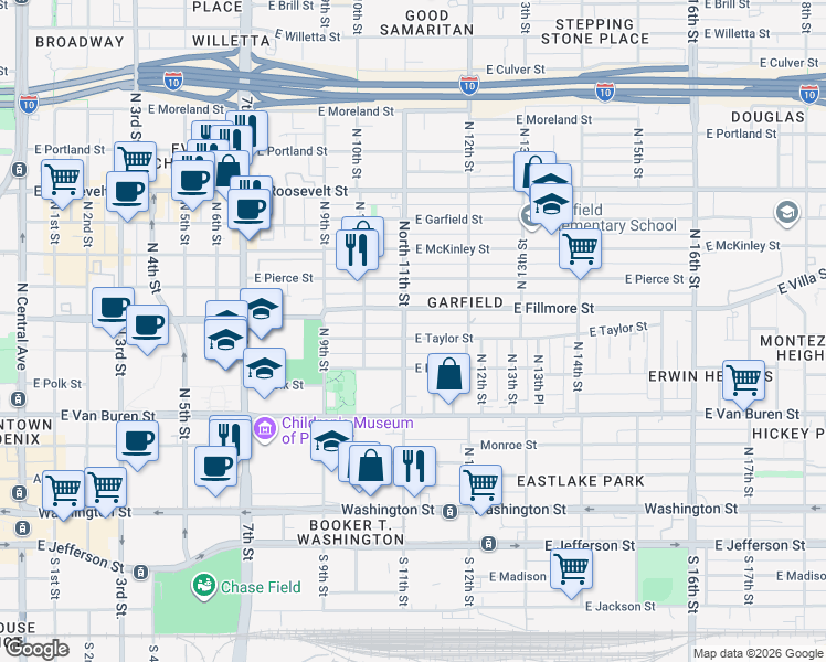 map of restaurants, bars, coffee shops, grocery stores, and more near 516 North 11th Street in Phoenix
