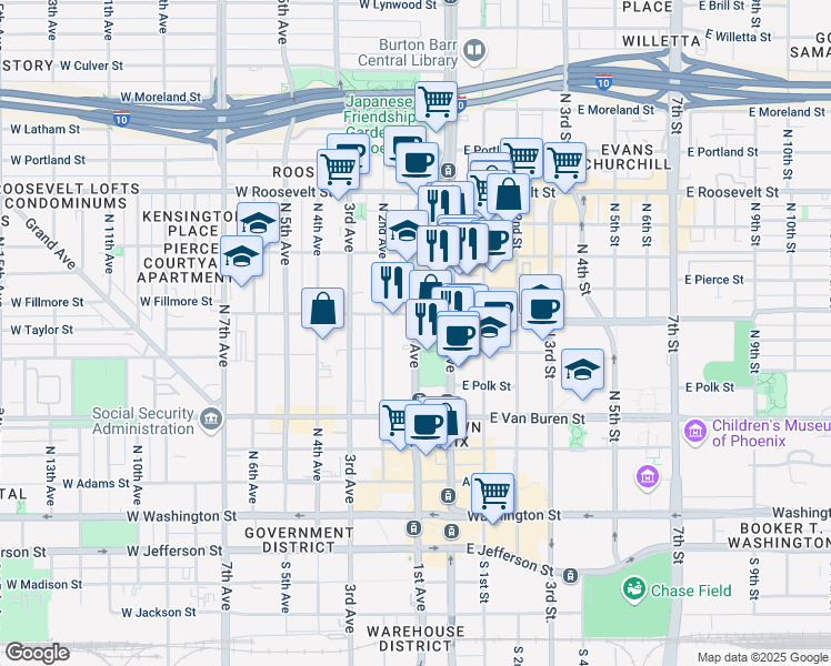 map of restaurants, bars, coffee shops, grocery stores, and more near 11142 North 1st Avenue in Phoenix