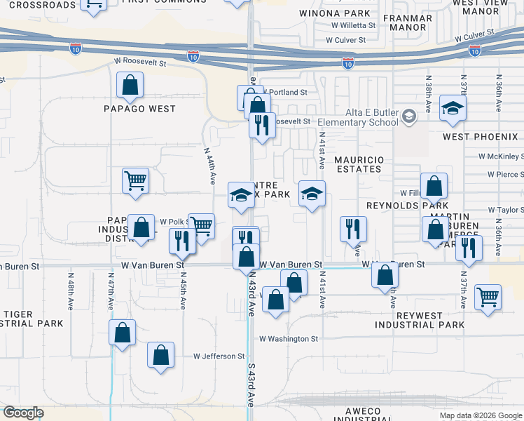 map of restaurants, bars, coffee shops, grocery stores, and more near 4202 West Van Buren Street in Phoenix