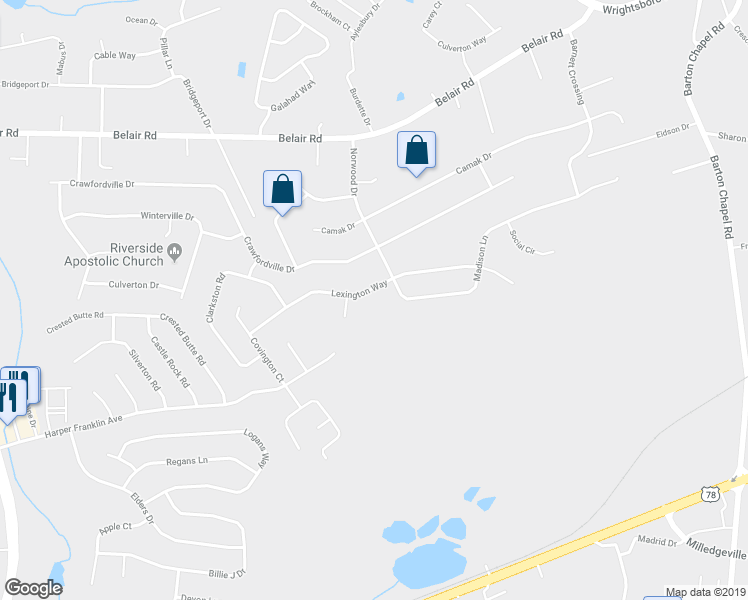 map of restaurants, bars, coffee shops, grocery stores, and more near 3232 Lexington Way in Augusta