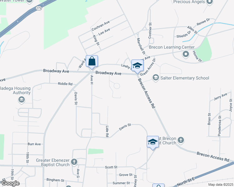 map of restaurants, bars, coffee shops, grocery stores, and more near 613 Broadway Avenue in Talladega